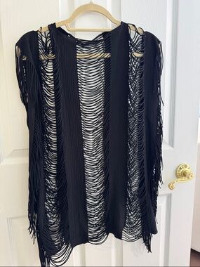 Black Fringe Open Weave Tunic Top